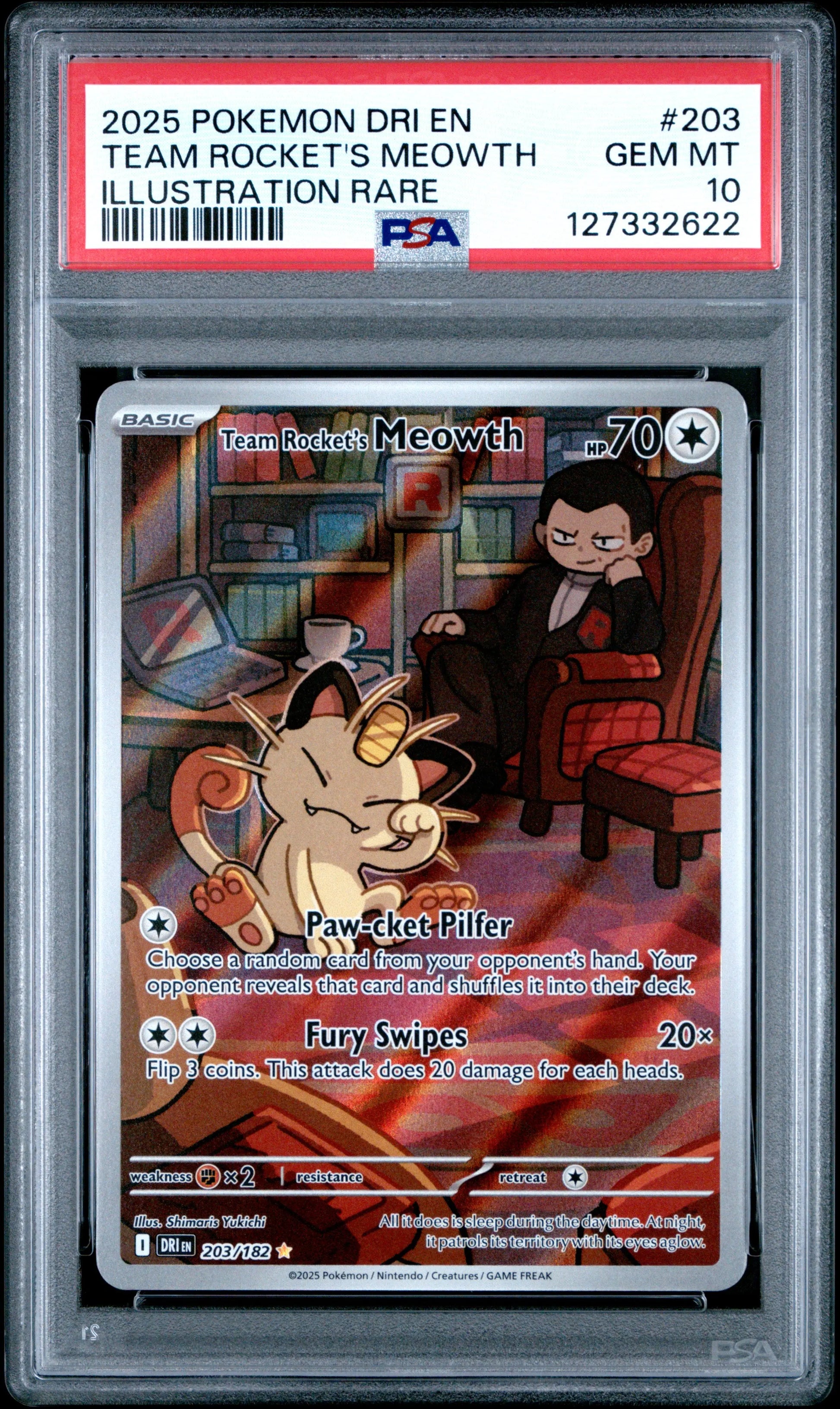 Pokémon Meowth Destined Rivals #203 (PSA10) Sleek Geek Collectibles